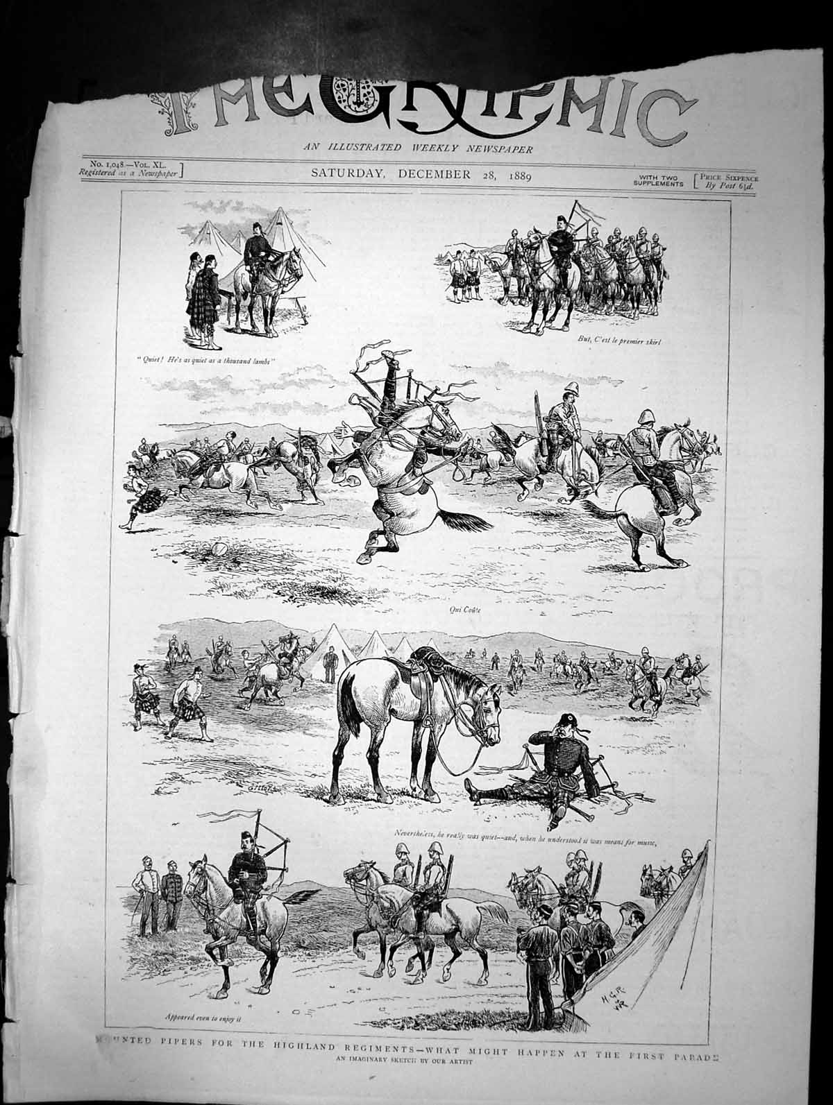 Old Print Mounted Pipers For Highland Regiments First Parade Sketch 1889 19th