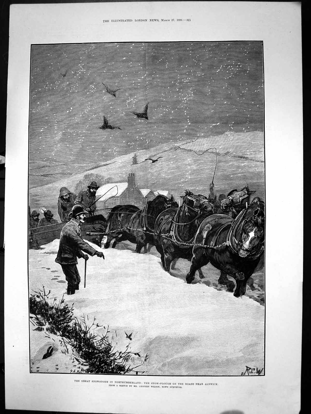 Old Antique Print Great Snowstorm Northumberland Snow Plough Alnwick 1886 19th