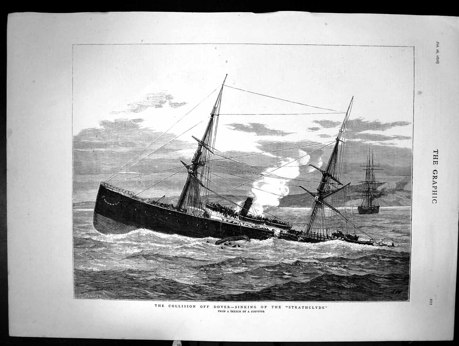 Antique Old Print The Collision Off Dover Sinking The Strathclyde Sketch 1876