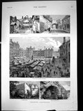 Antique Print Leicester Illustrated Town Hall Castle Yard Market Place 1882