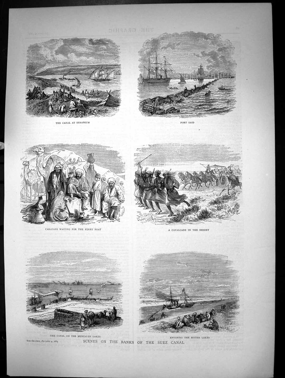 Antique Old Print Scenes On The Banks The Suez Canal Port Said Cavalcade 1869