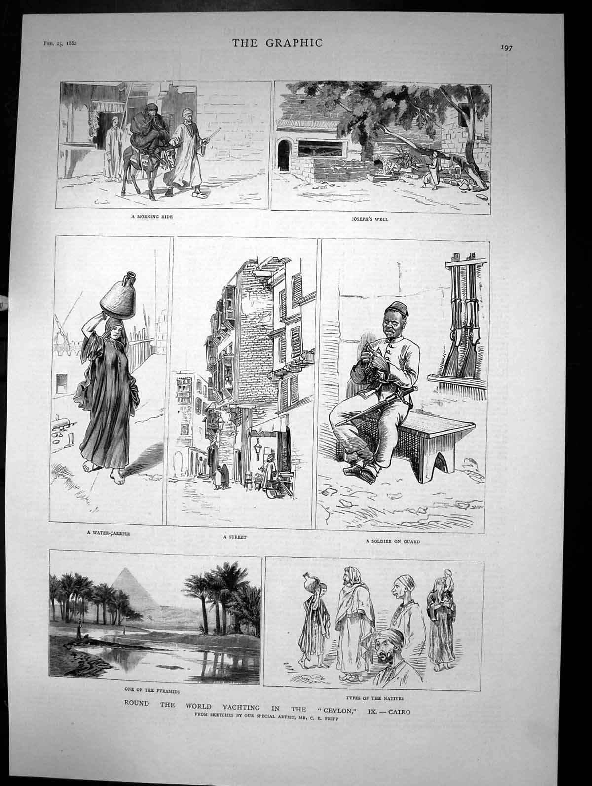 Antique Old Print Round The World Yachting In The Ceylon Cairo Pyramids 1882