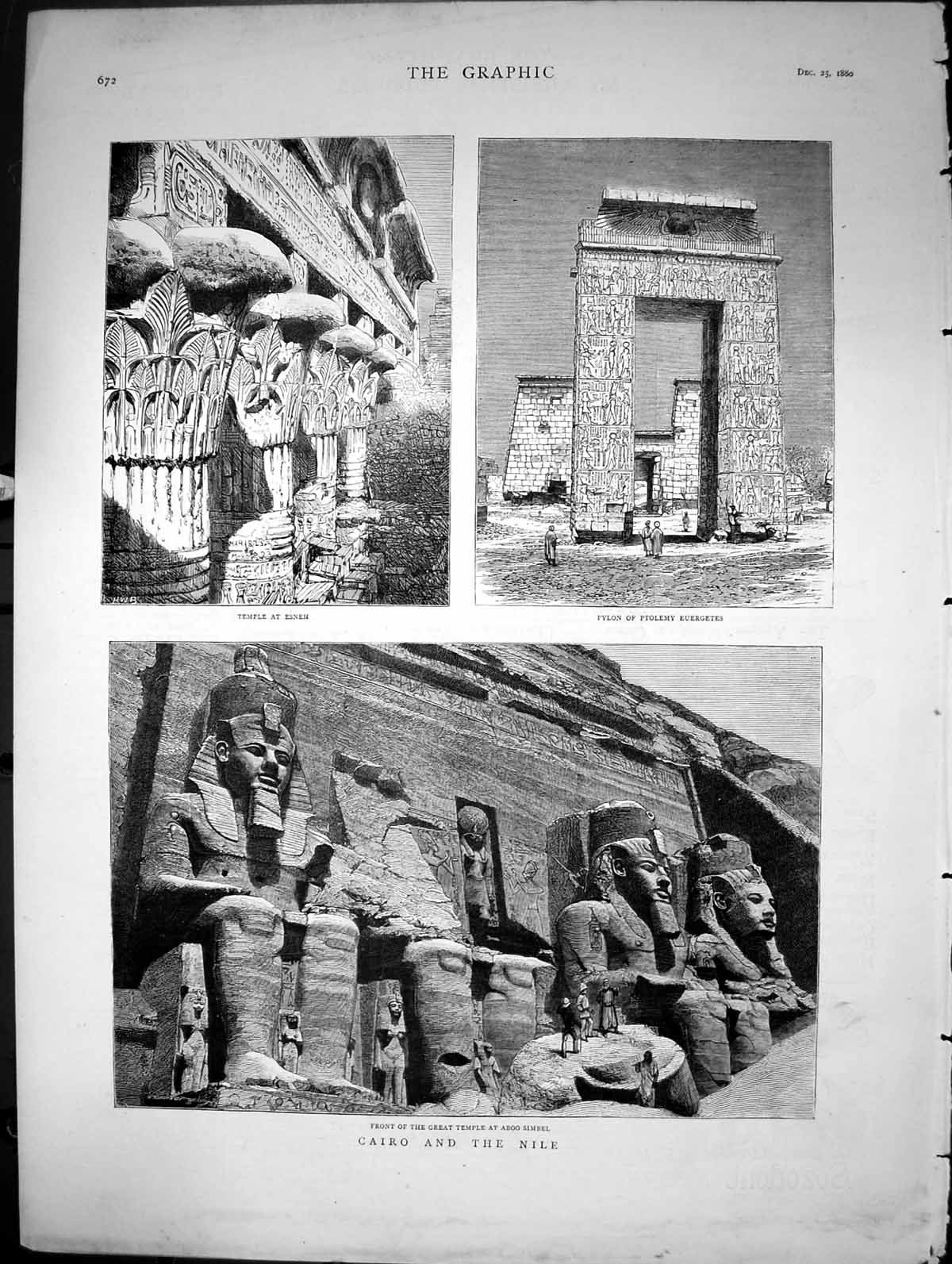 Old Print Cairo And Nile Temple Esneh Great Temple Aboo Simbel Pylon 1880 19th
