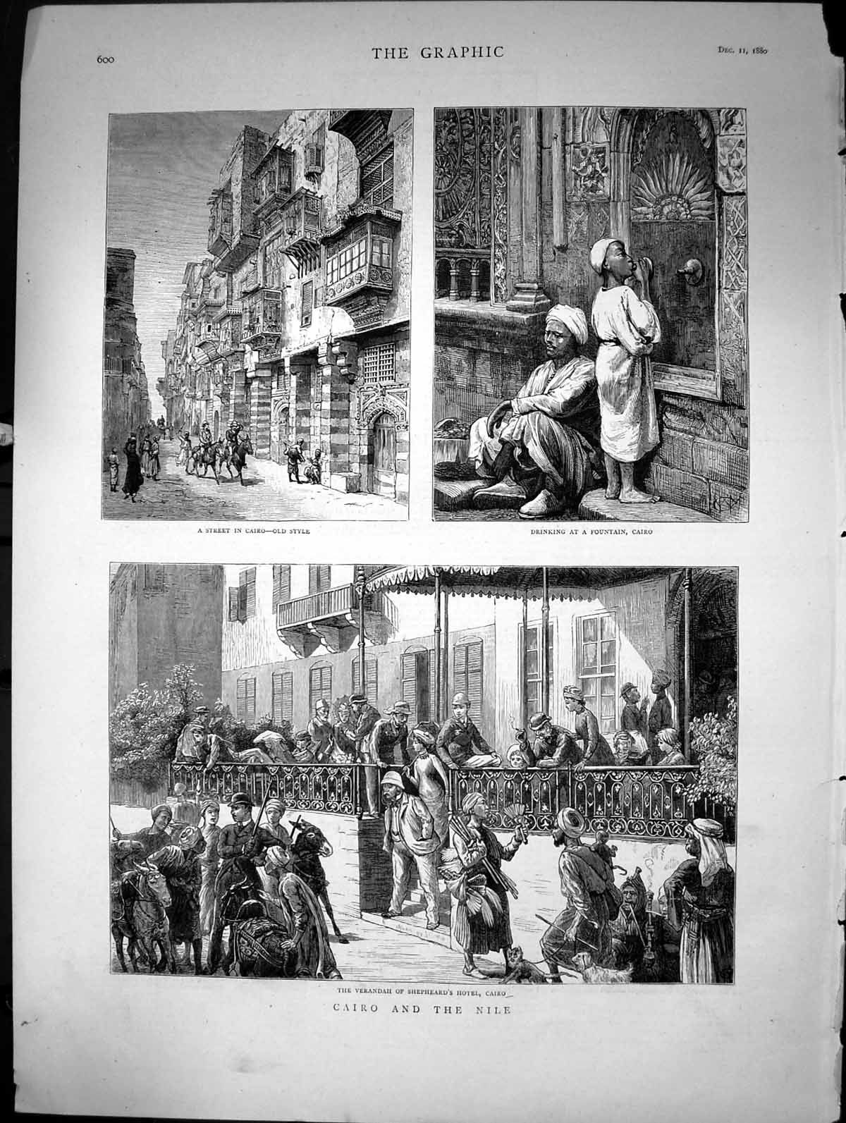 Old Antique Print Cairo And The Nile Verandah Shepheard Hotel Street 1880 19th