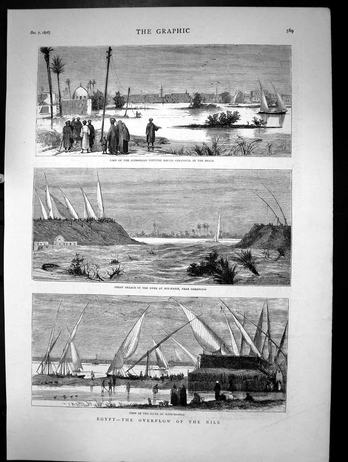 Antique Old Print Egypt Overflow The Nile Submerged Country Road Breach 1878