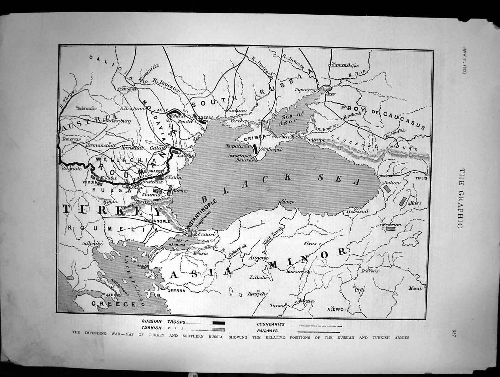 Old Print Impending War Map Turkey Southern Russia Positions Armies 1877 19th