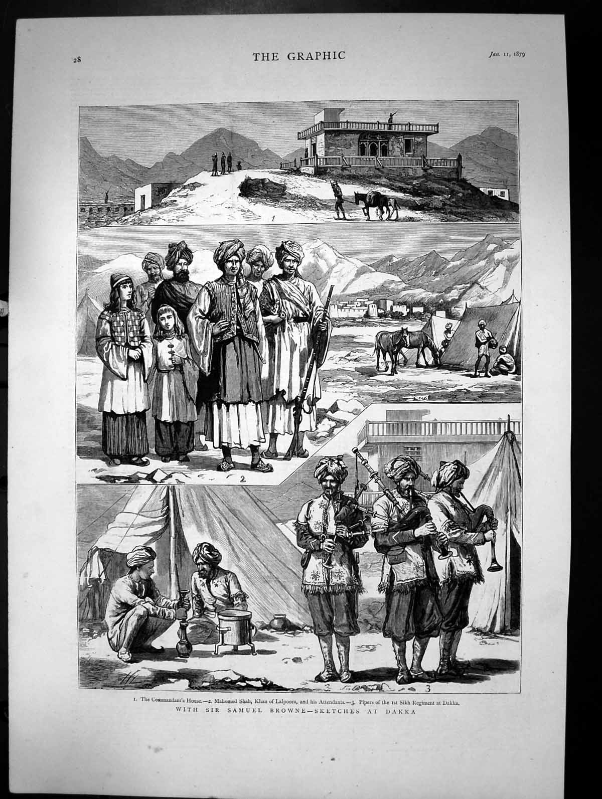 Old Print With Sir Samuel Browne Sketches At Dakka Commandants House 1879 19th