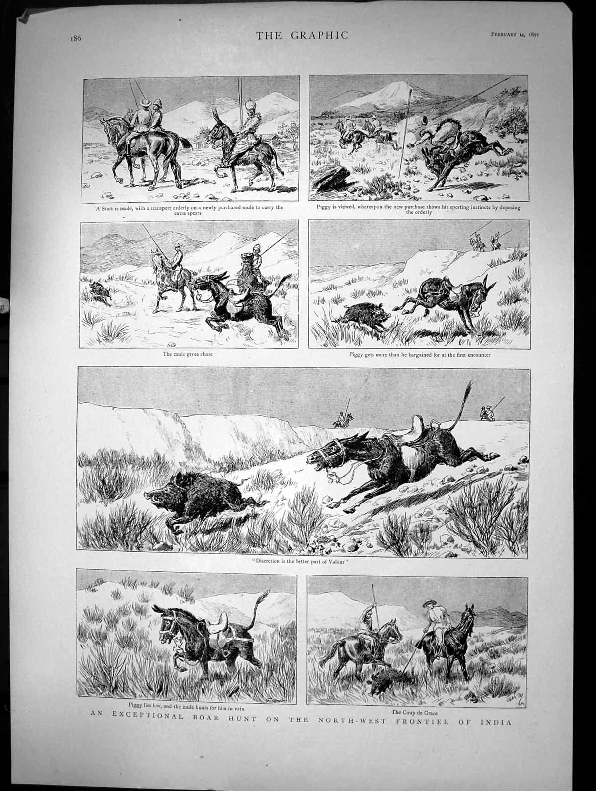 Antique Old Print Exceptional Boar Hunt On The North-West Frontier India 1891