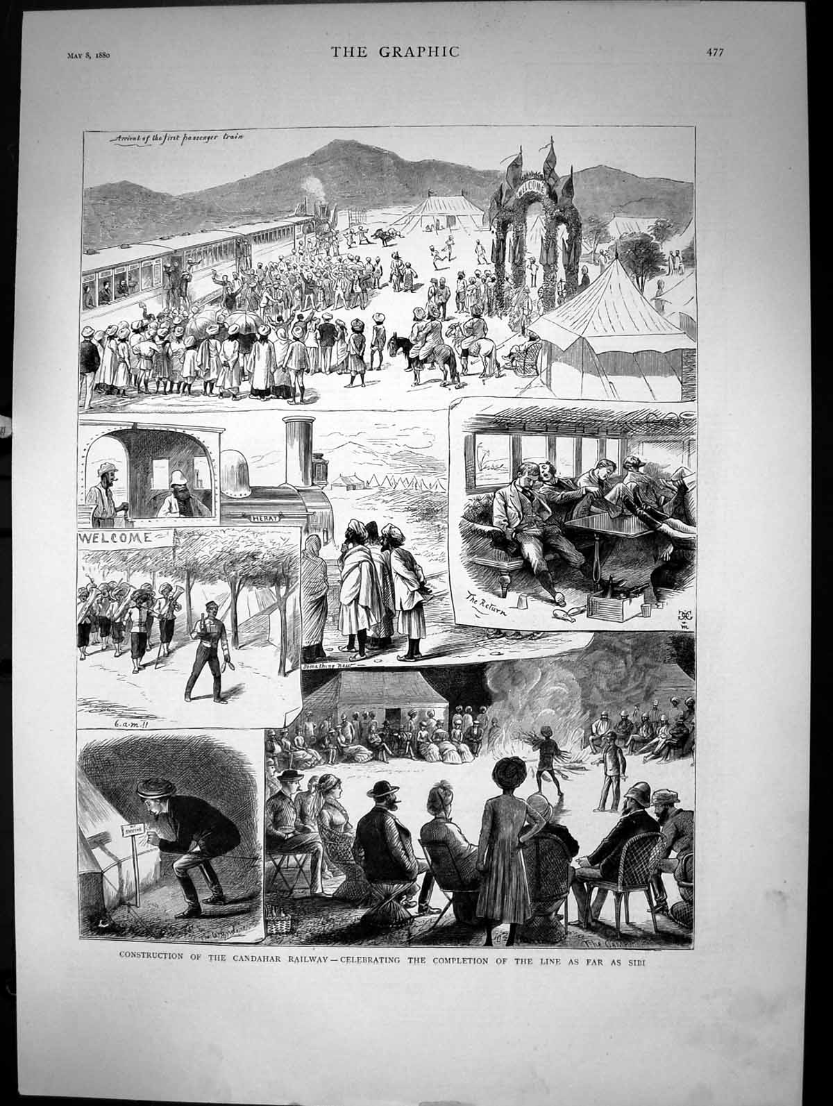 Antique Old Print Construction Candahar Railway Completion Line To Sibi 1880