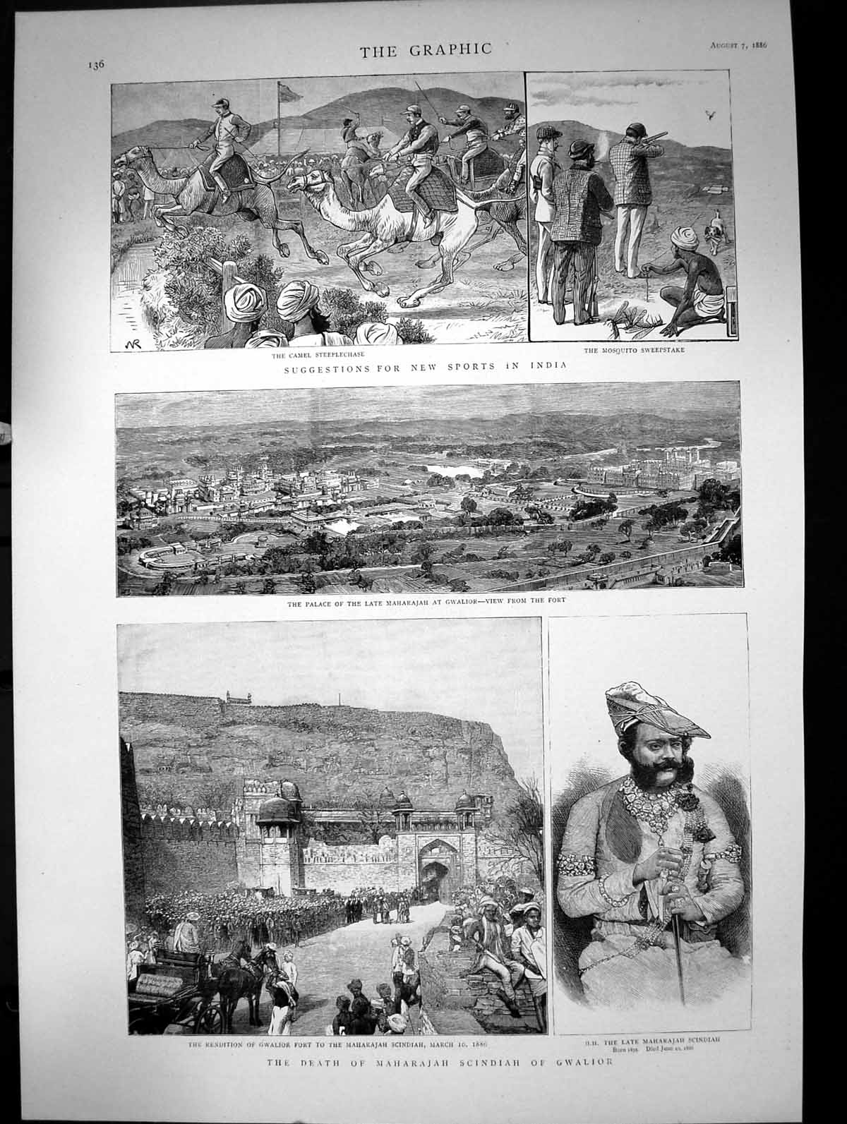 Antique Old Print The Death Maharajah Scindiah Gwalior New Sports India 1886