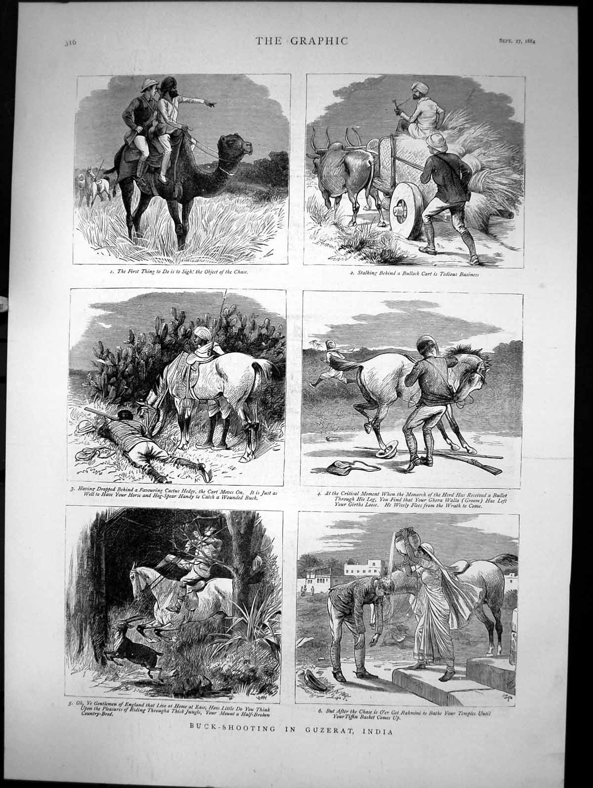 Old Print Buck Shooting In Guzerat India Camel Chase Cart Rifle Shot 1884 19th