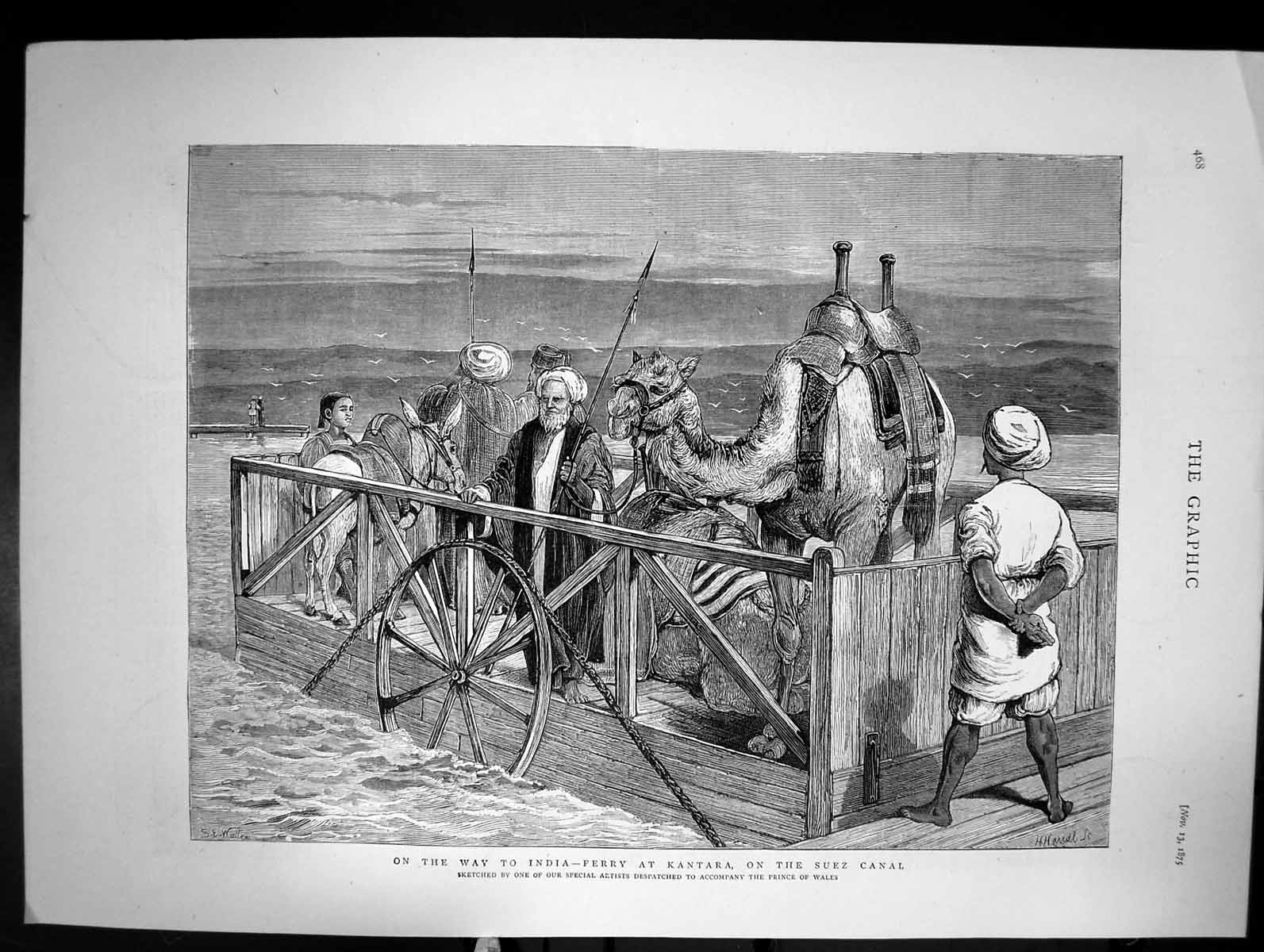 Old Print On Way To India Ferry At Kantara On The Suez Canal Sketch 1875 19th