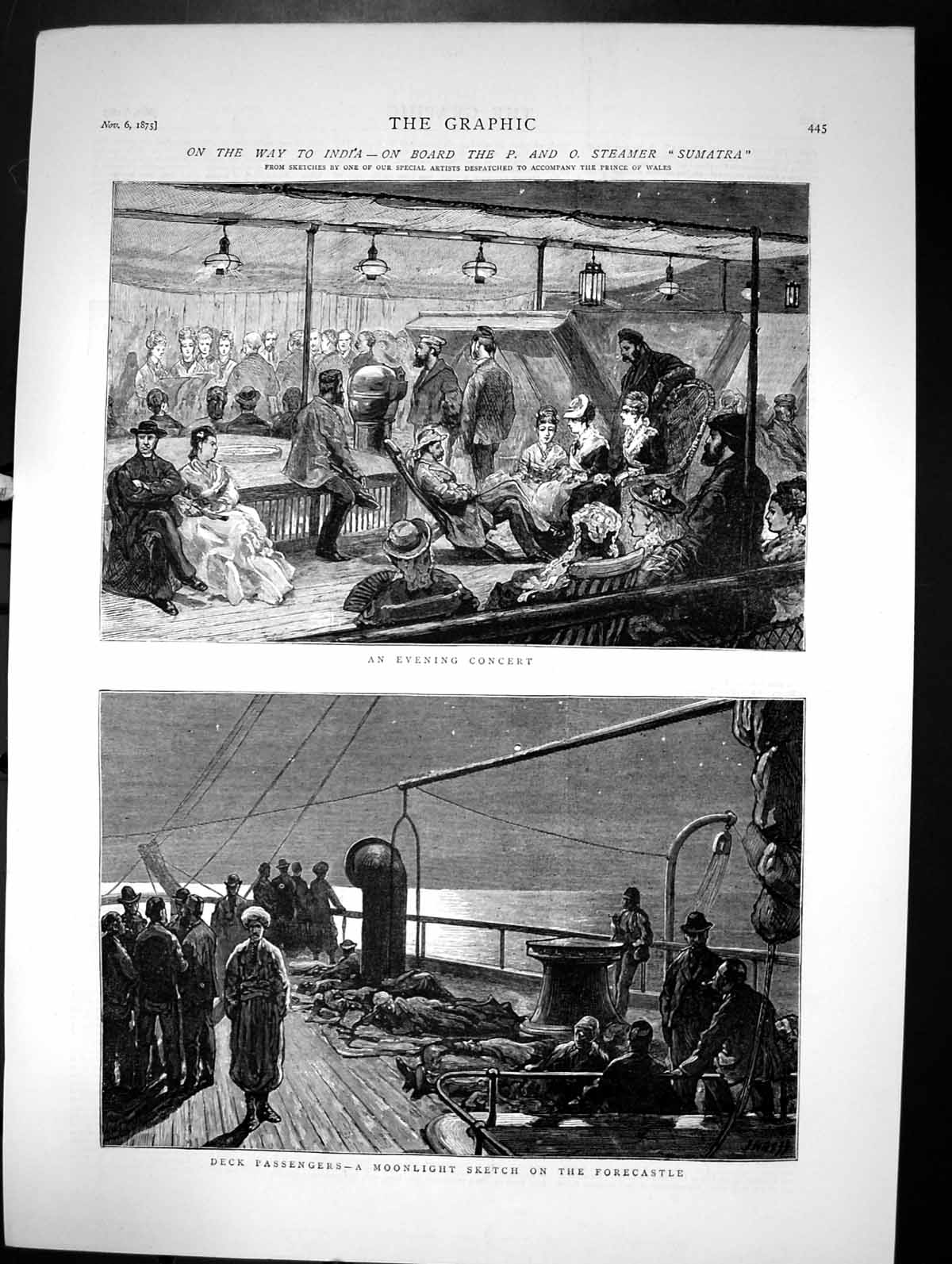 Antique Print On Way To India On Board Steamer Sumatra Evening Concert 1875