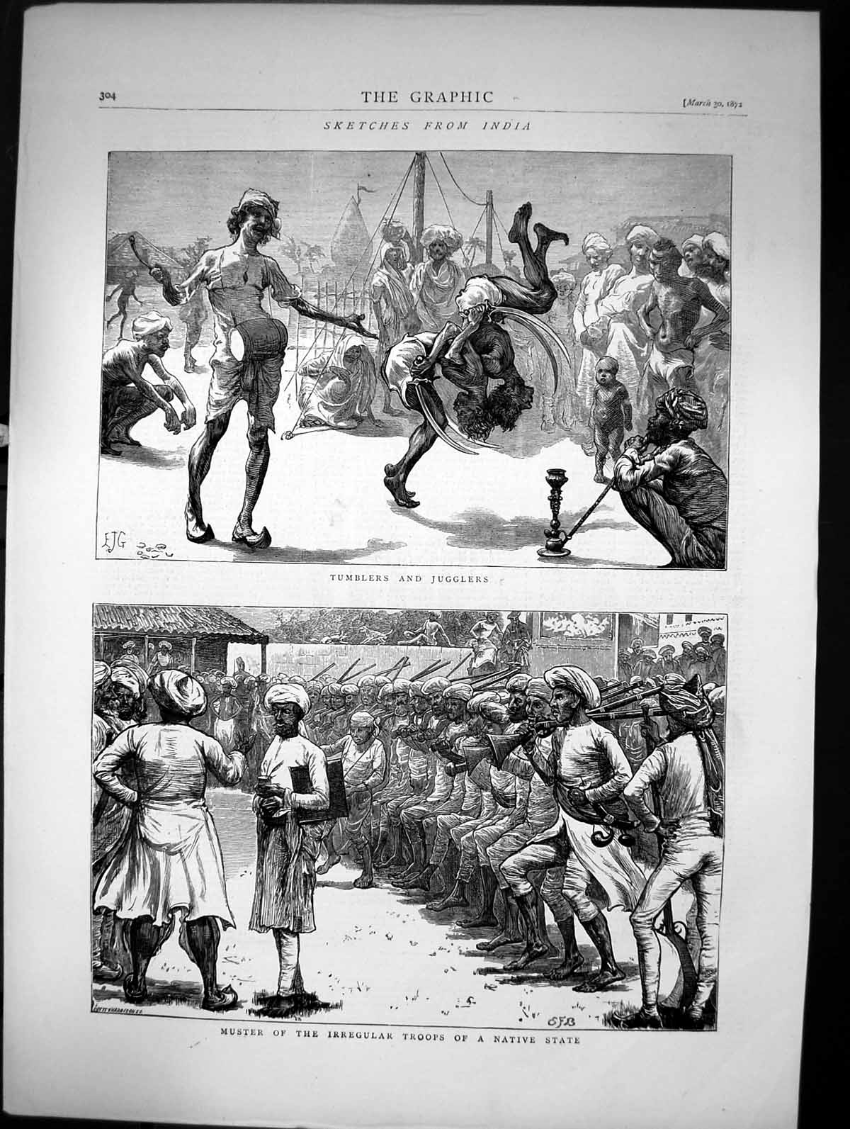 Old Sketch From India Tumblers And Jugglers Troops Native State 1872 Victorian
