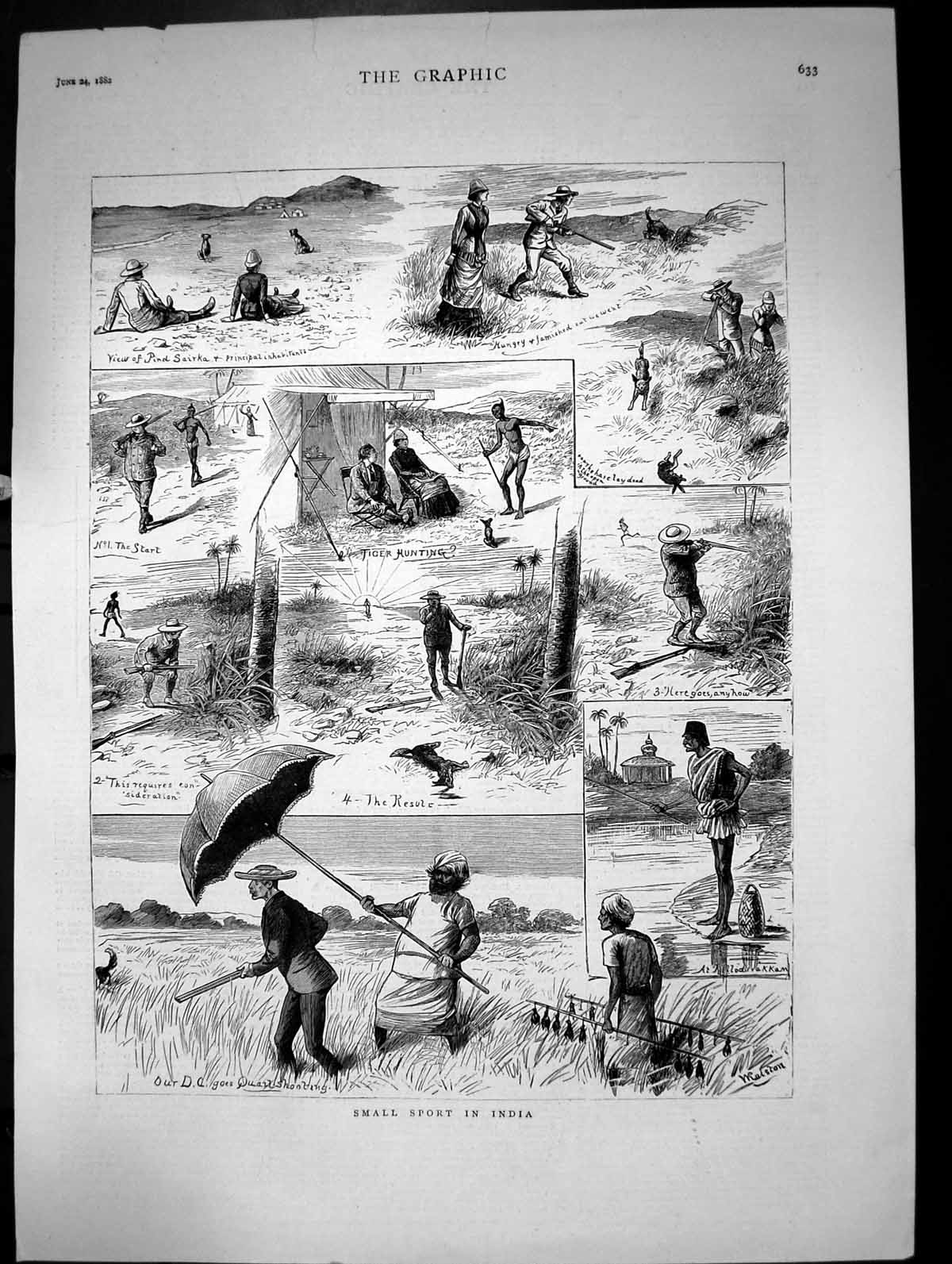 Old Antique Print Small Sport In India Tiger Hunting Hare Lies Dead 1882 19th