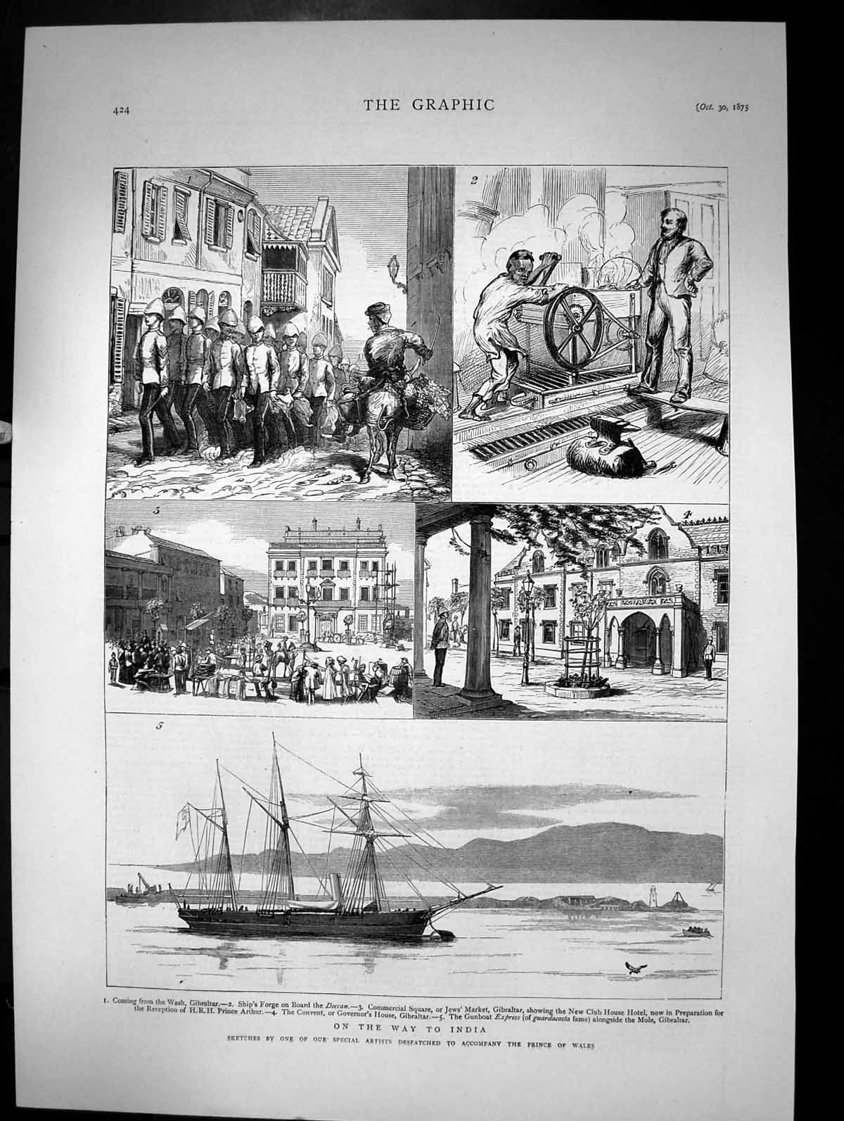 Old Print On The Way To India Wash Gibraltar On Board Deccan Arthur 1875 19th