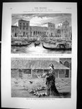 Antique Print Railway Station Venice Feeding Pigeons Piazza San Marco 1875 19th