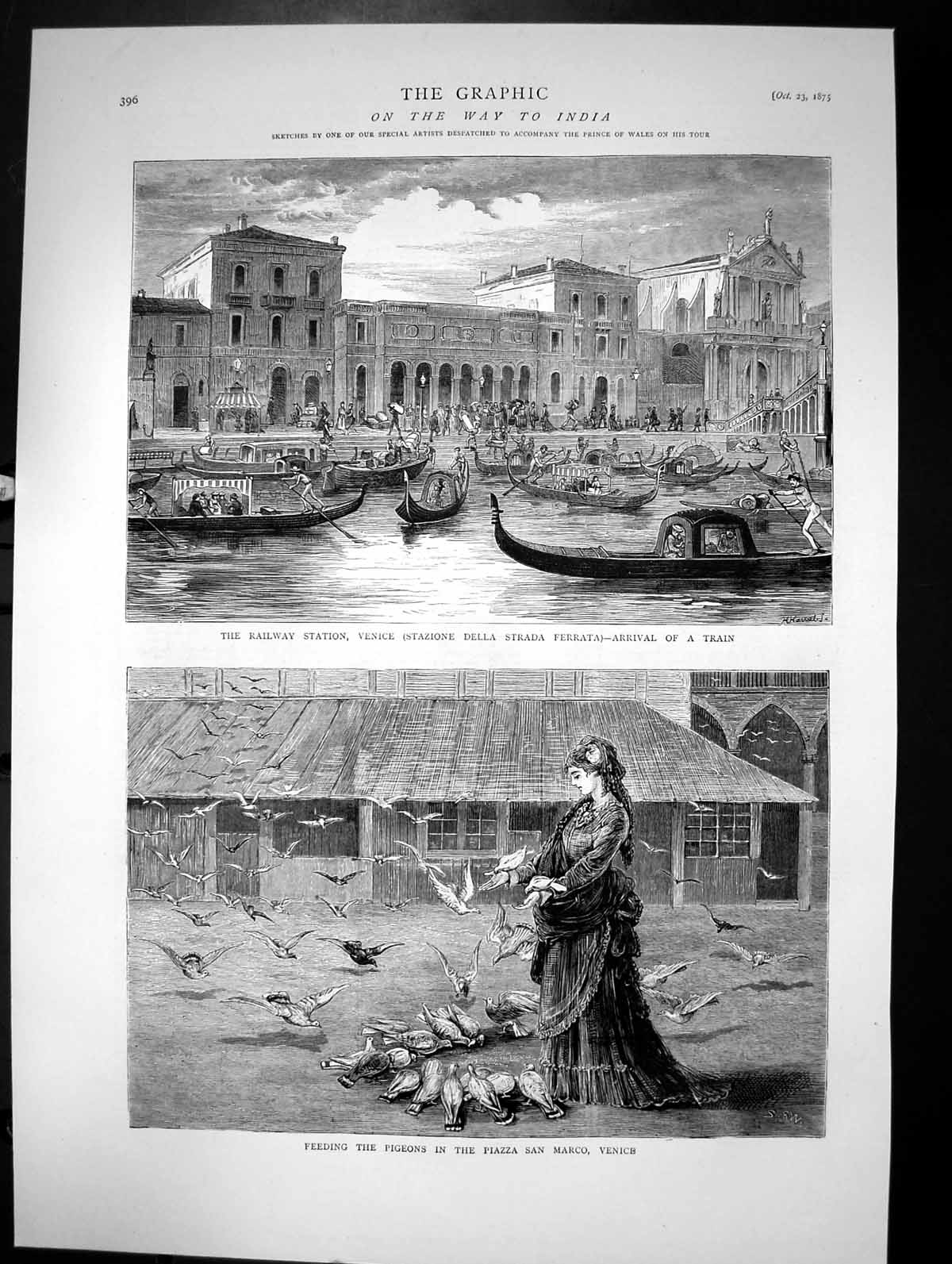 Antique Print Railway Station Venice Feeding Pigeons Piazza San Marco 1875 19th