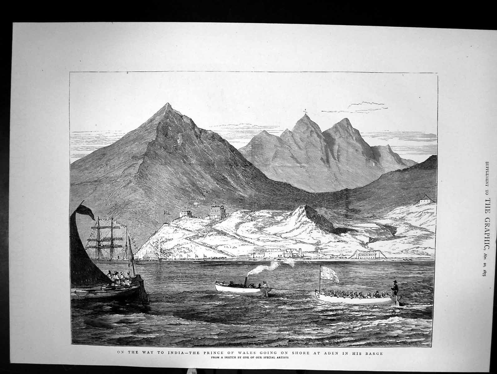 Antique Print On Way To India Prince Wales On Shore Aden In His Barge 1875 19th