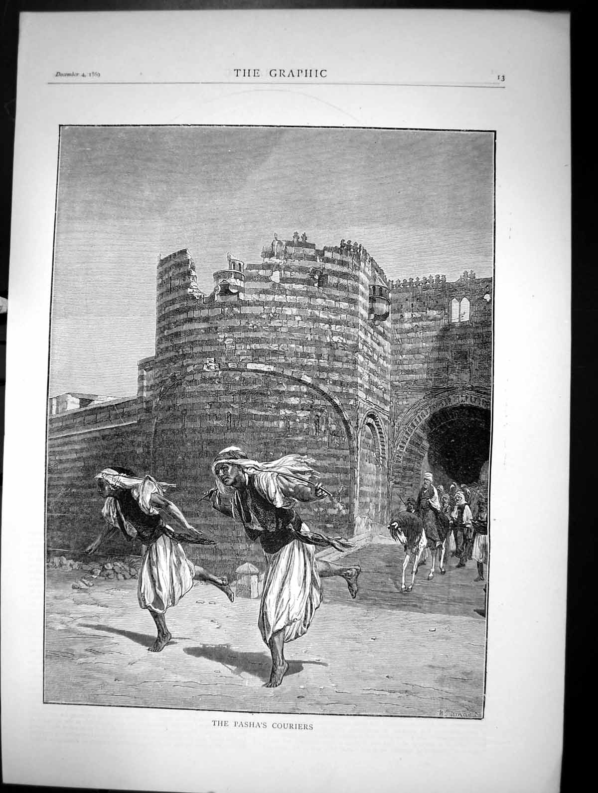 Antique Old Print The Pasha'S Couriers Castle Entrance Horseback Sketch 1869
