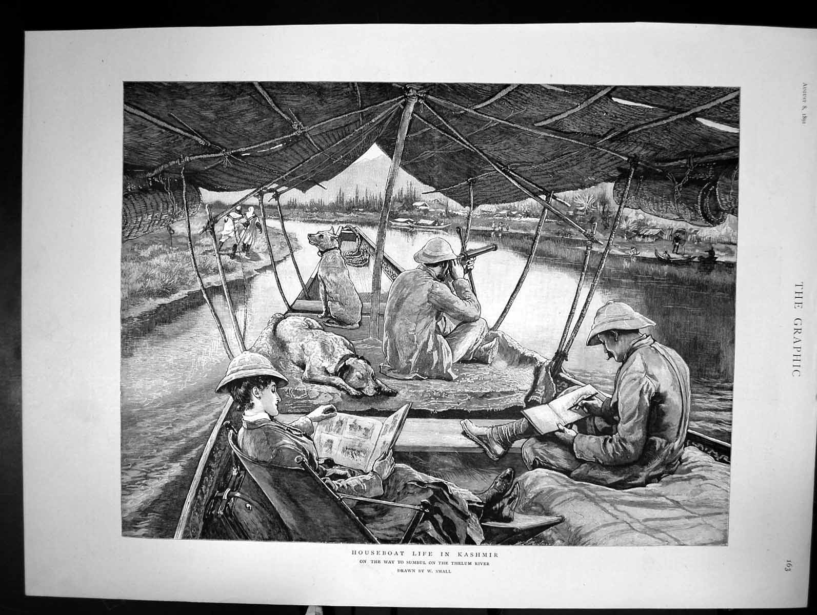 Old Print Houseboat Life In Kashmir On Way To Sumbul On Thelum River 1891 19th