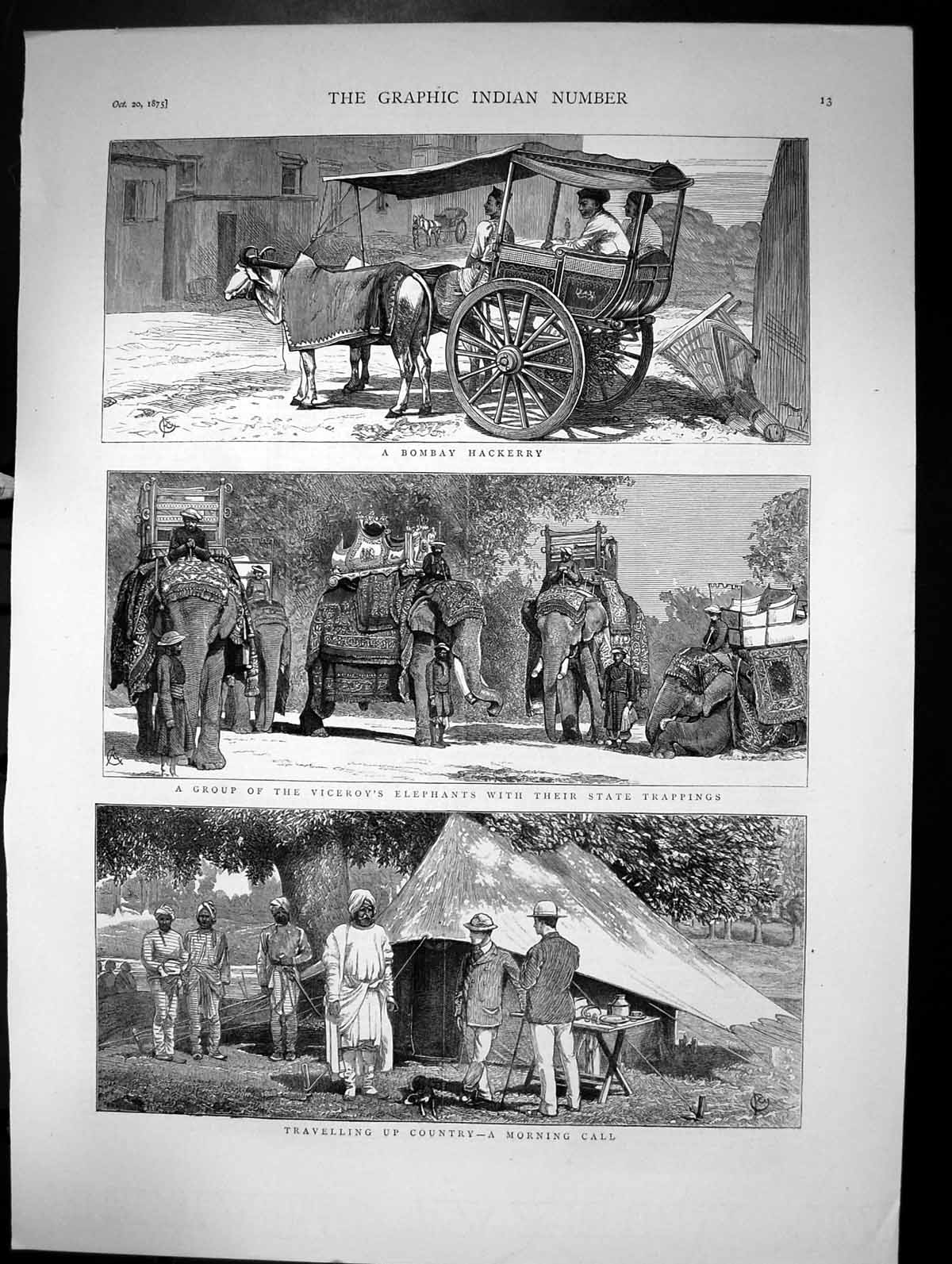 Antique Old Print Bombay Hackerry Group Viceroy'S Elephants Travelling 1875