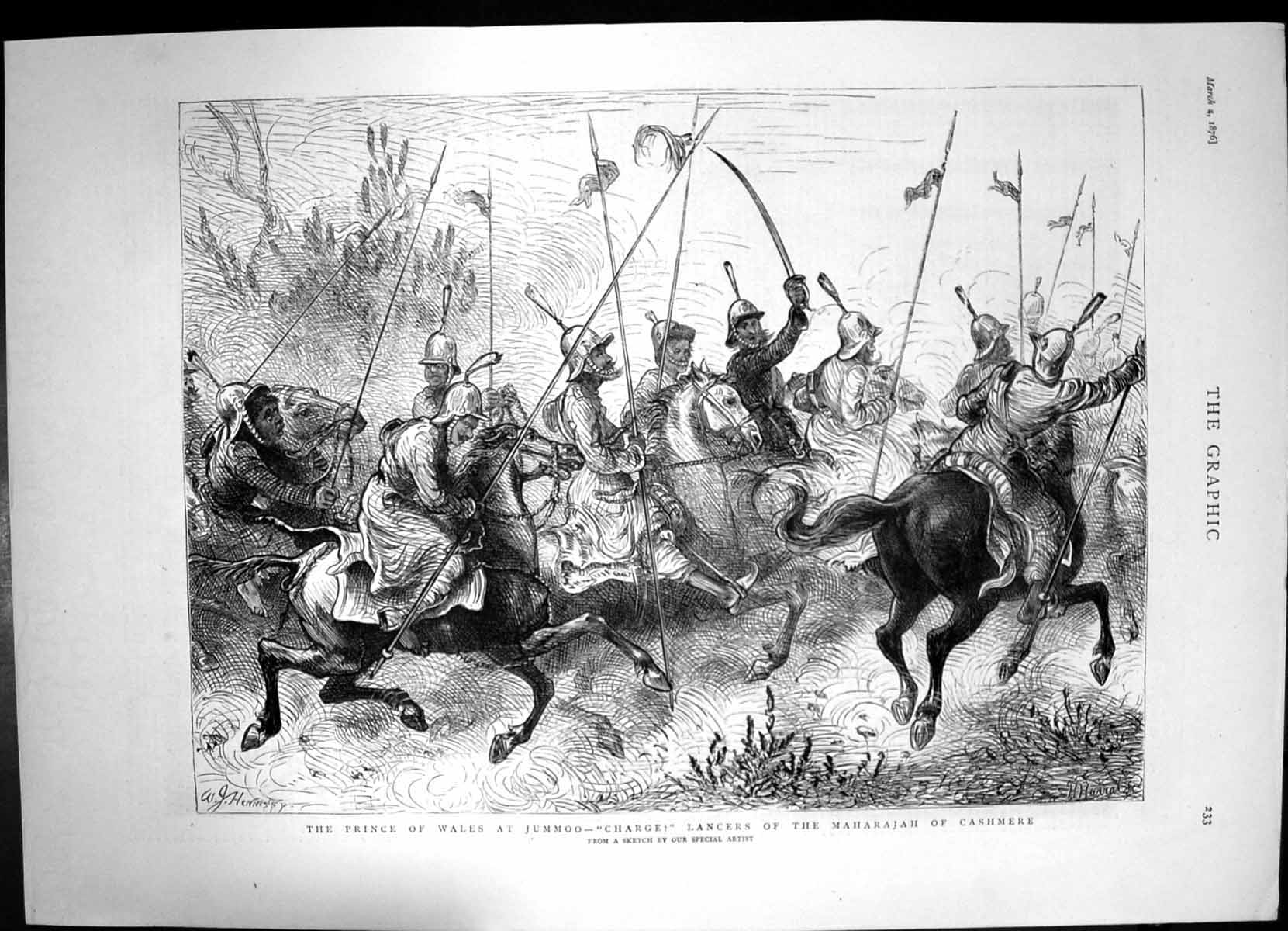 Antique Old Print Prince Wales Jummoo Lancers Maharajah Cashmere Charge 1876