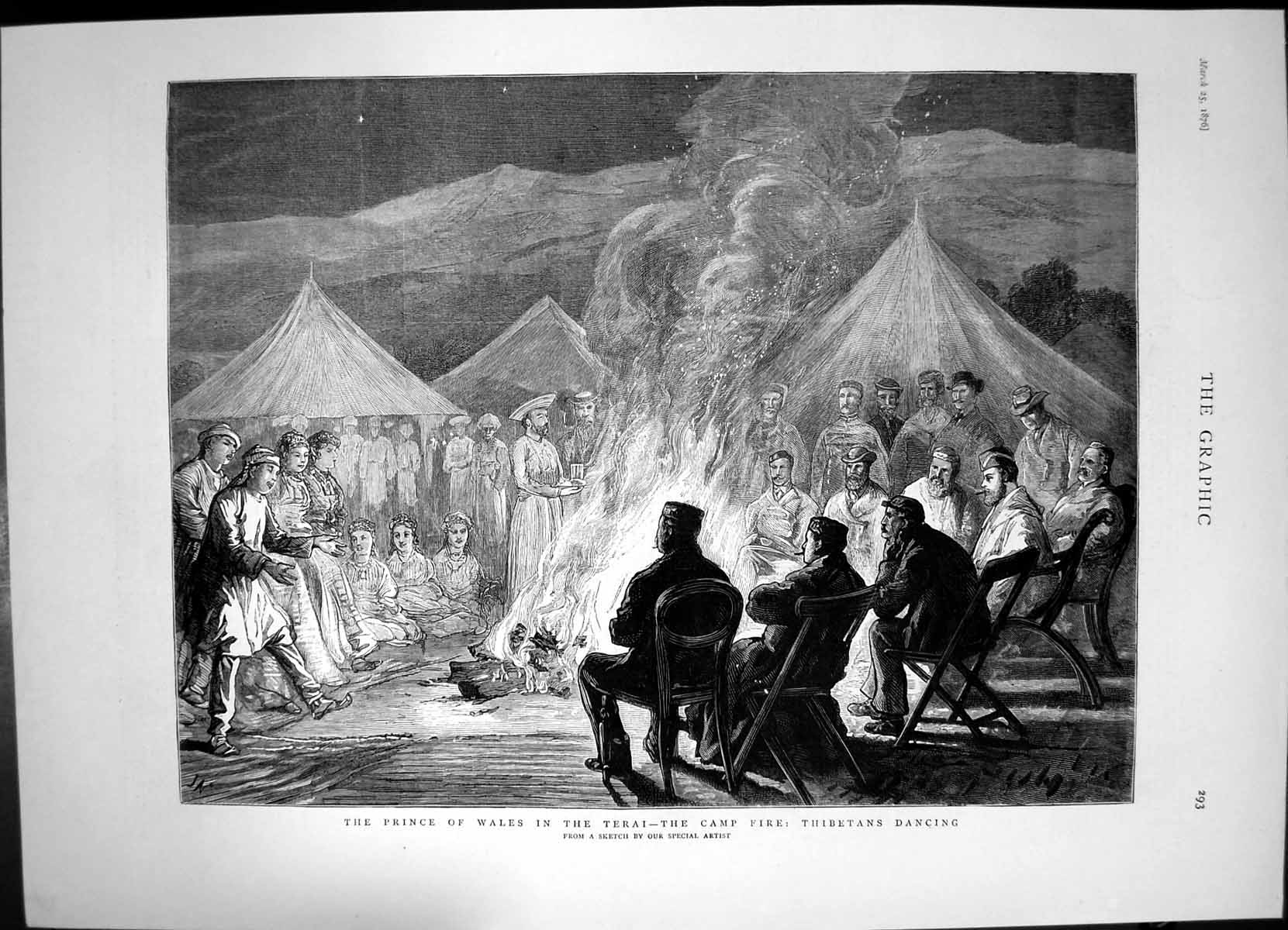 Original Old Antique Print Prince Wales Terai Camp Fire Thibetans Dancing 1876