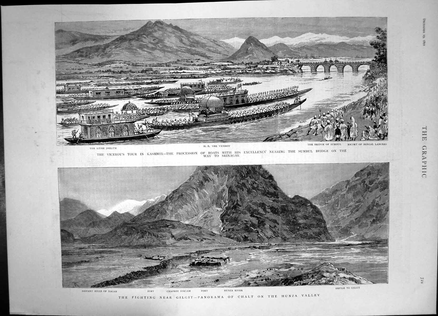 Antique Old Print Viceroy Tour Kashmir Procession Boats Fighting Gilgit 1891