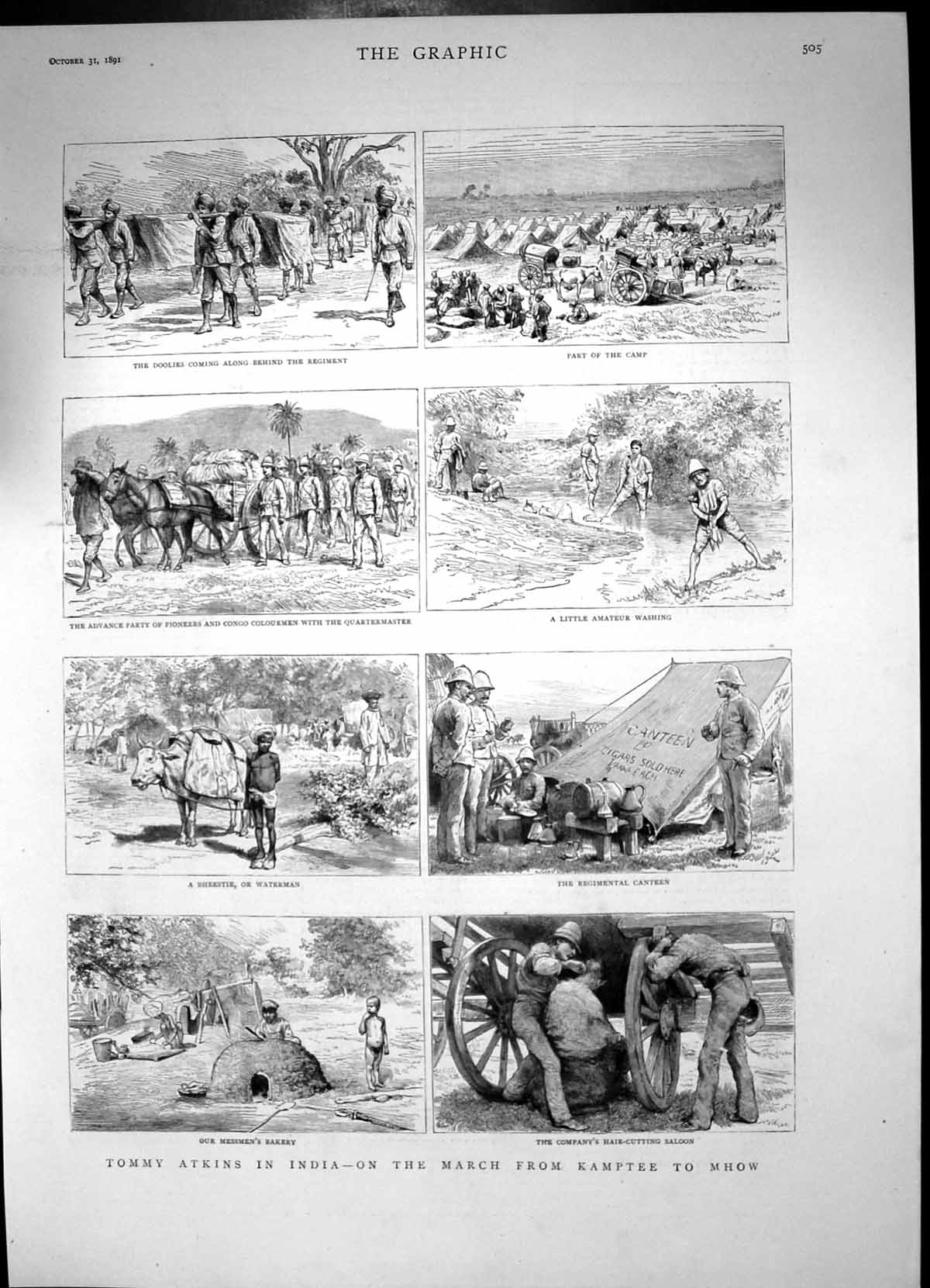 Antique Old Print Tommy Atkins India March Kamptee To Mhow Doolies Camp 1891
