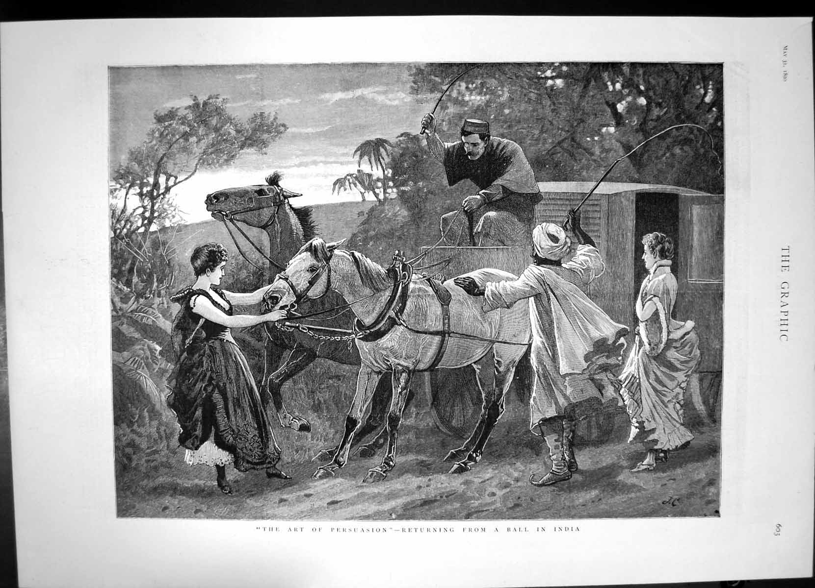 Antique Print Art Persuasion Returning Ball India Horses Stopped Whips 1890