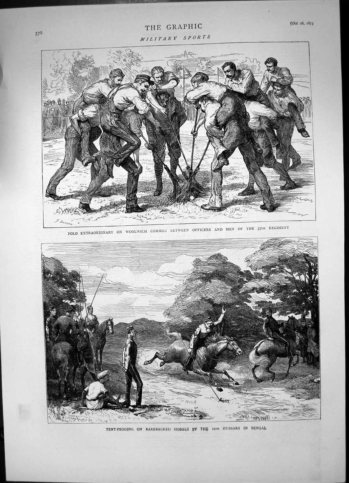 Antique Old Print Polo Woolwich 77Th Regiment Tent Pegging Hussars Bengal1875