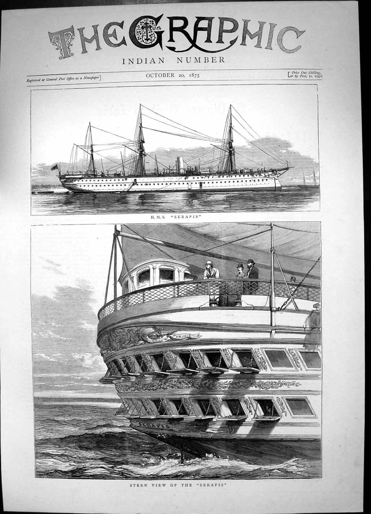 Original Old Antique Print H M S Serapis Burmah Punjaub Stern View 1875 19th
