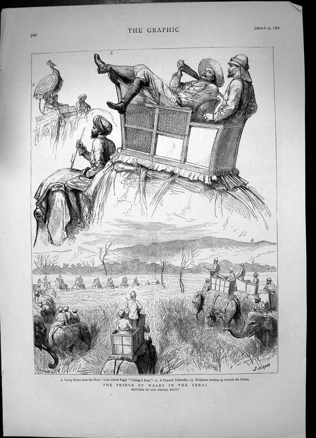 Antique Old Print Prince Wales Terai Lord Alfred Paget Hunt Elephants 1876 19th