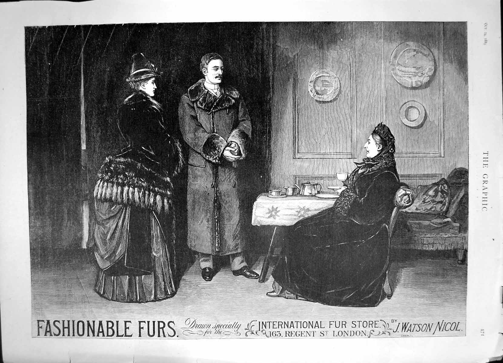 Original Old Antique Print Fashionable Furs International Fur Store London 1885
