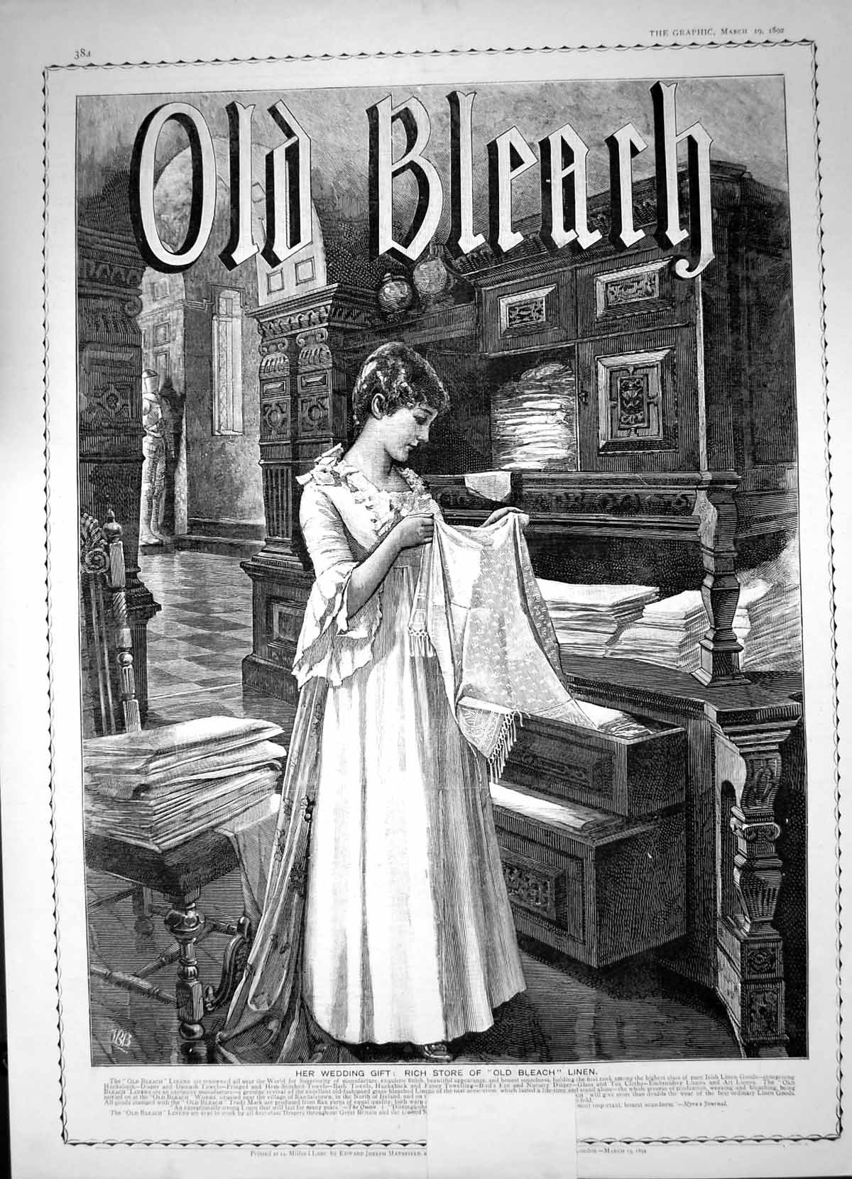 Original Old Antique Print Bleach Wedding Gift Rich Store Bleach Linen 1892