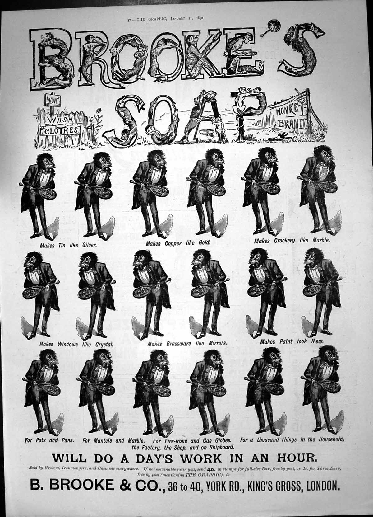 Antique Old Print Brookes Soap Do Days Work Hour Pots Pans Crockery Tin 1890