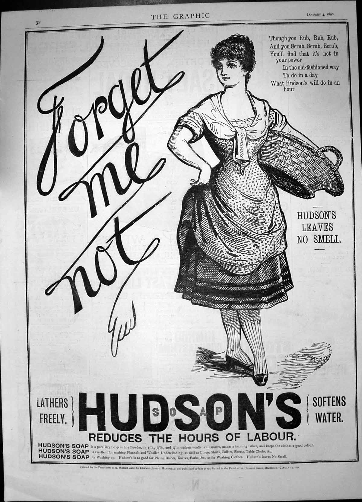 Old Antique Print Hudsons Soap Reduces Hours Labour No Smell Lathers 1890 19th
