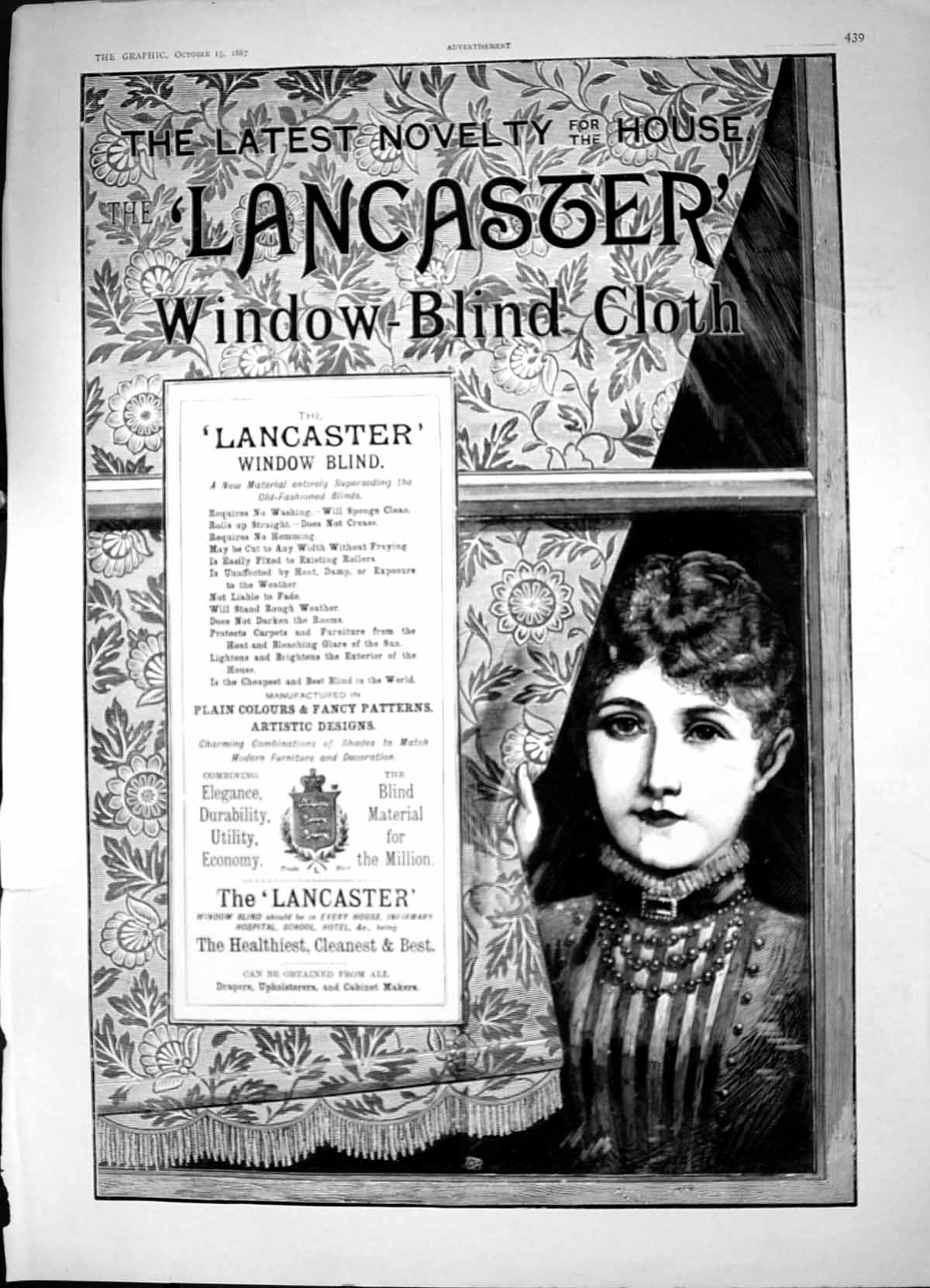 Antique Old Print Lancaster Window Blind Cloth Sponge Clean No Creases 1887