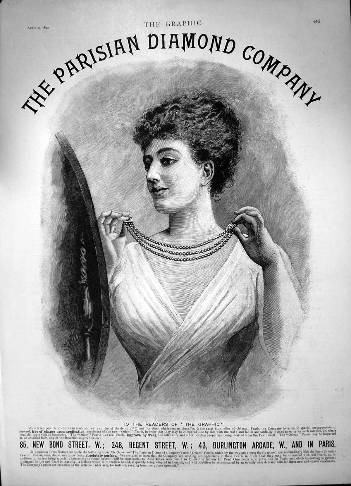 Antique Old Print Parisian Diamond Co Pearls Fac-Similes Oriental Pearls 1892