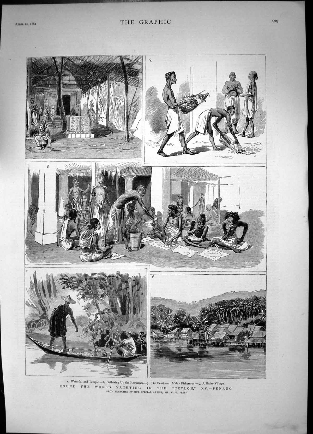 Old Antique Print Round World Yachting Ceylon Penang Malay Fishermen 1882 19th