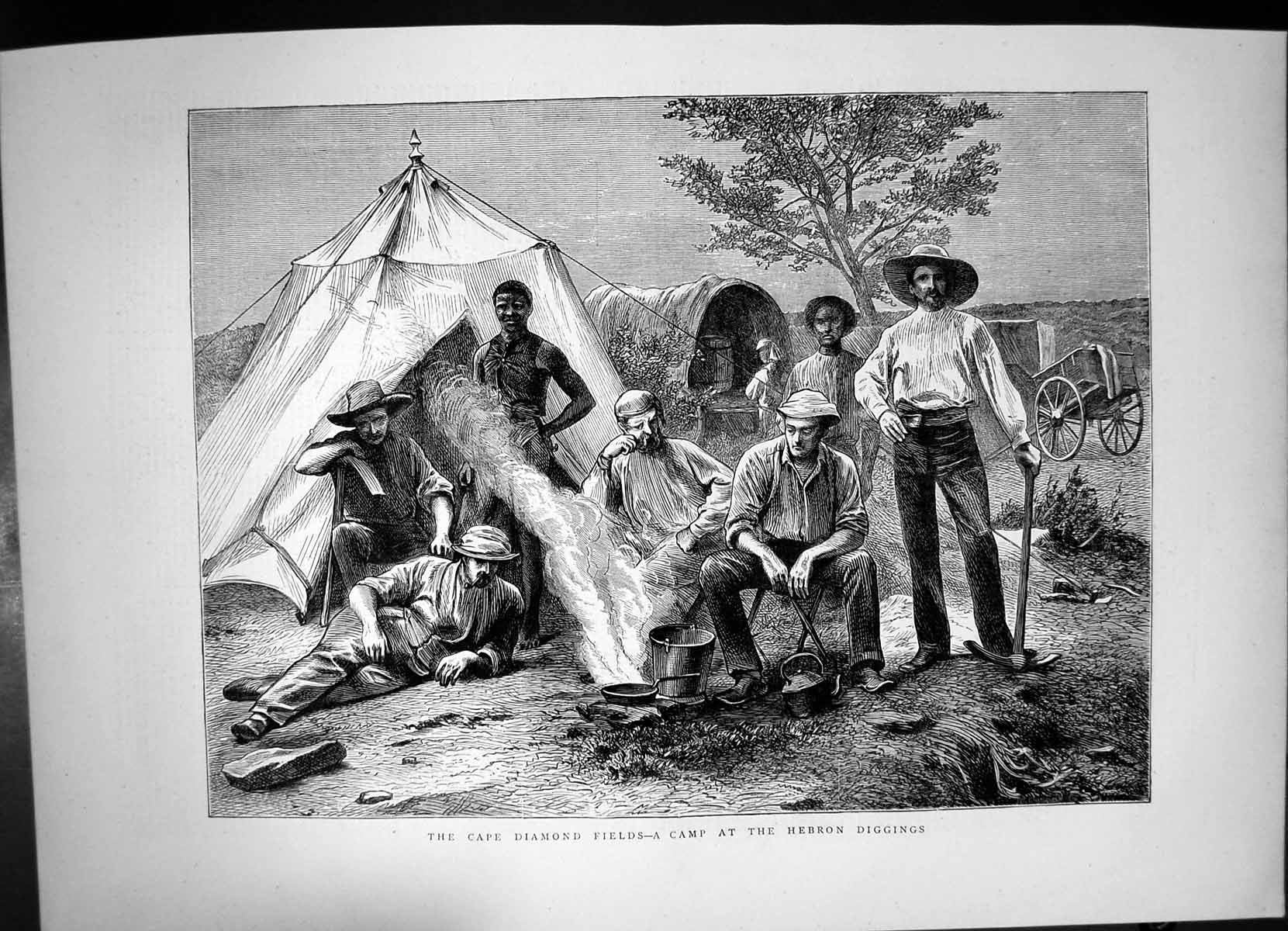 Original Old Antique Print Cape Diamonds Fields Camp Hebron Diggings 1871 19th