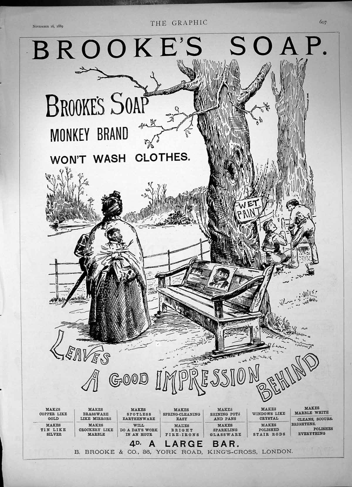 Antique Old Print Brookes Soap Monkey Brand Wont Wash Clothes Pots Pans 1889