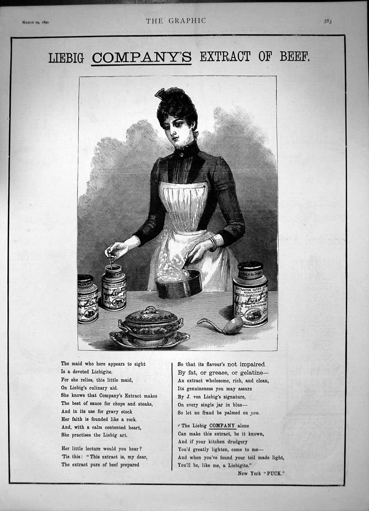 Old Antique Print Liebig Companys Extract Beef Poem Maid Liebigite 1890 19th