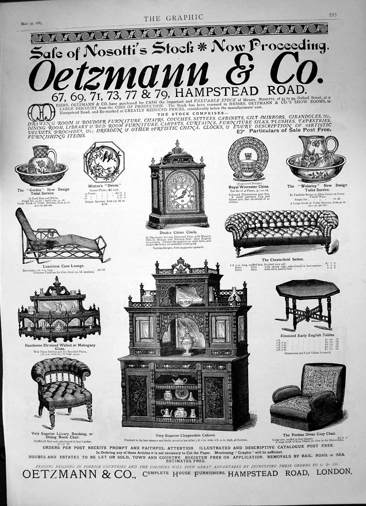 Antique Old Print Oetzmann & Co Complete House Furnishers Hampstead Road 1885