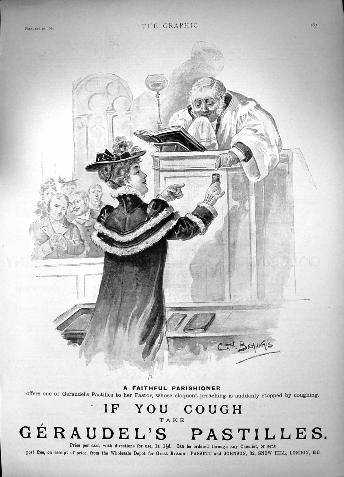 Antique Print Geraudels Pastilles Faithful Parishioner Stops Coughing 1894 19th