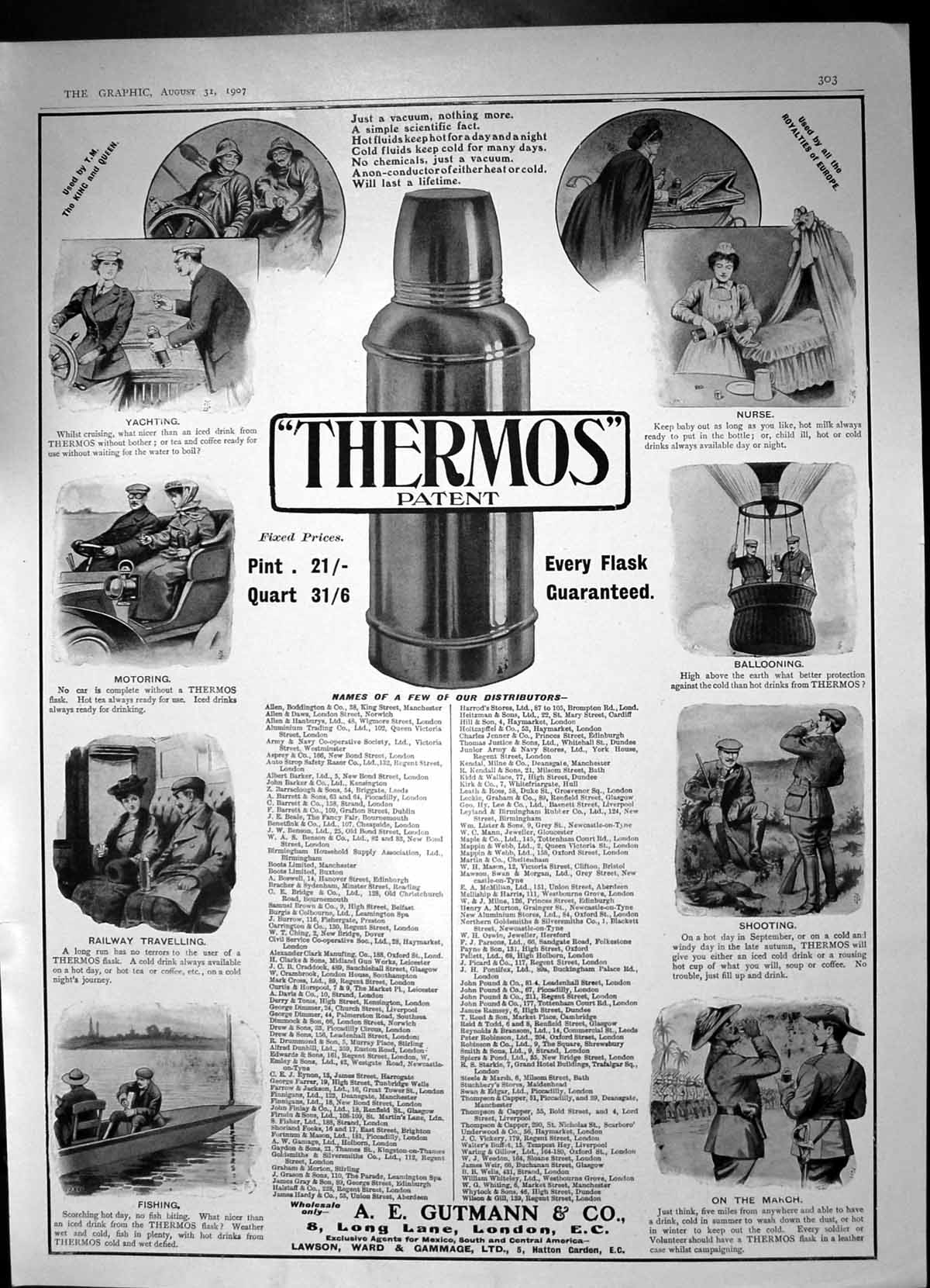 Old Antique Print Thermos Flask Vacuum Keeps Fluids Hot Day & Night 1907 20th