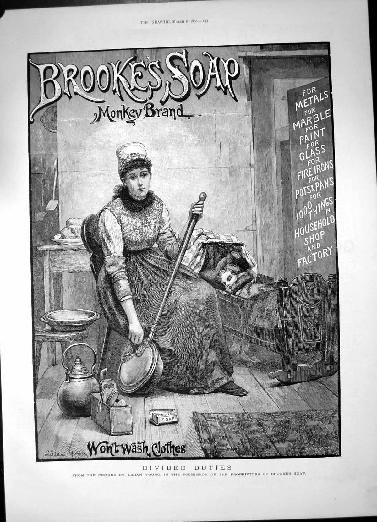 Antique Old Print Brookes Soap Monkey Brand Lady Polishing Pan Baby Cot 1890