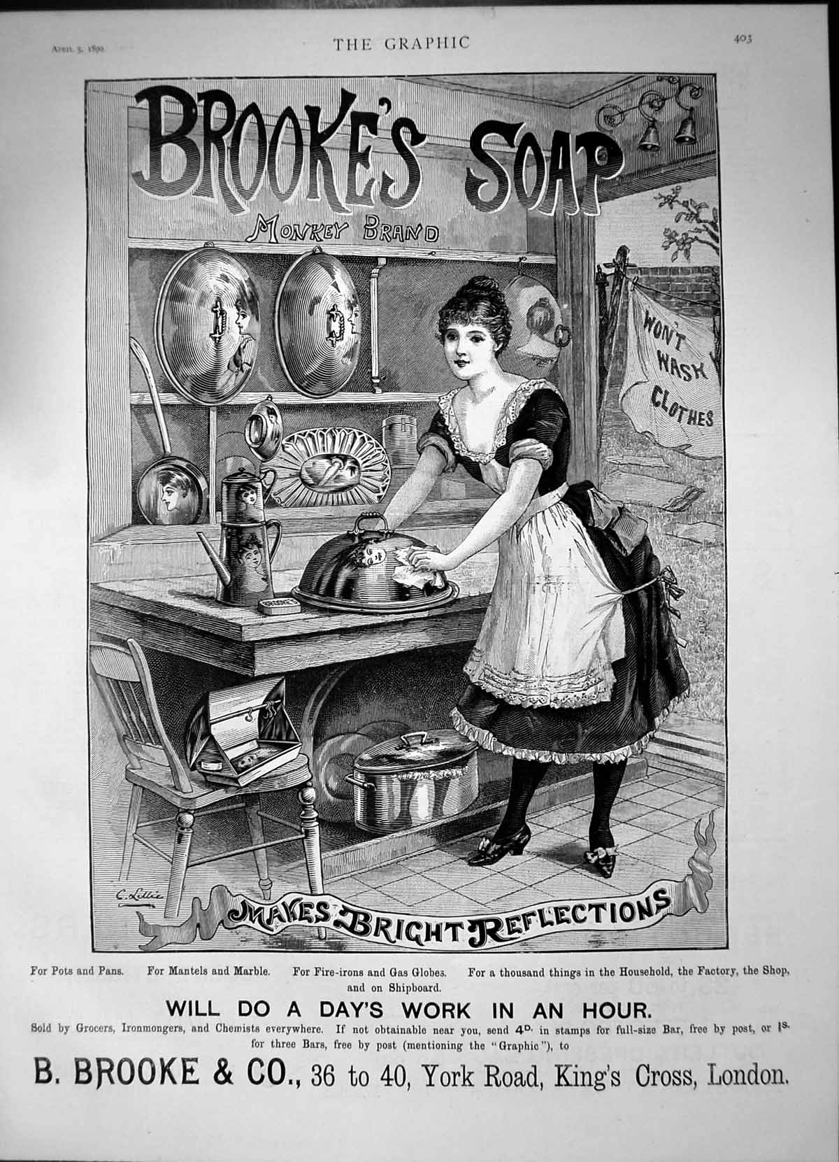 Antique Old Print Brookes Soap Makes Bright Reflections Maid Polishing 1890