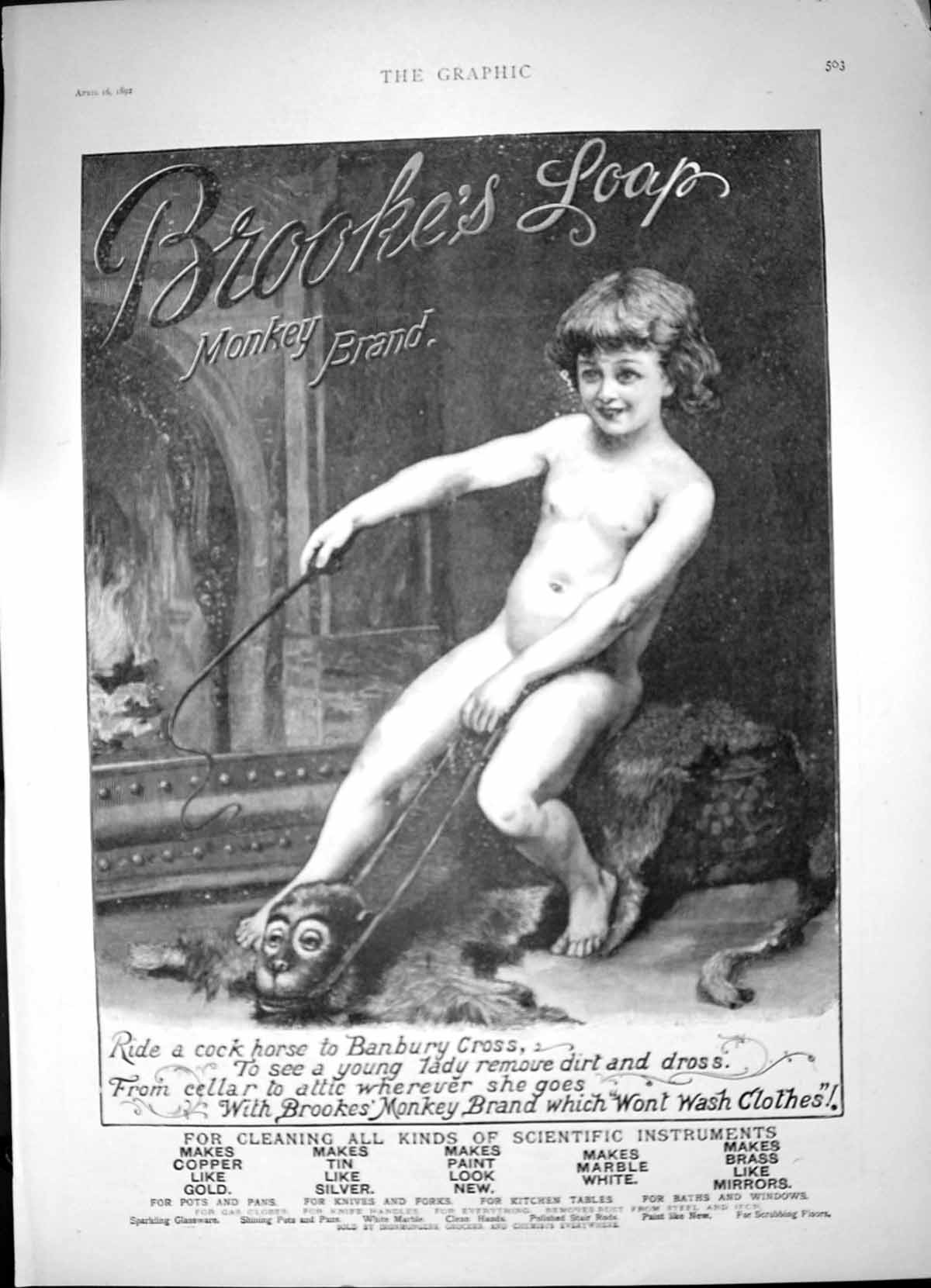 Original Old Antique Print Brookes Soap Naked Child Sitting Monkey Skin 1892